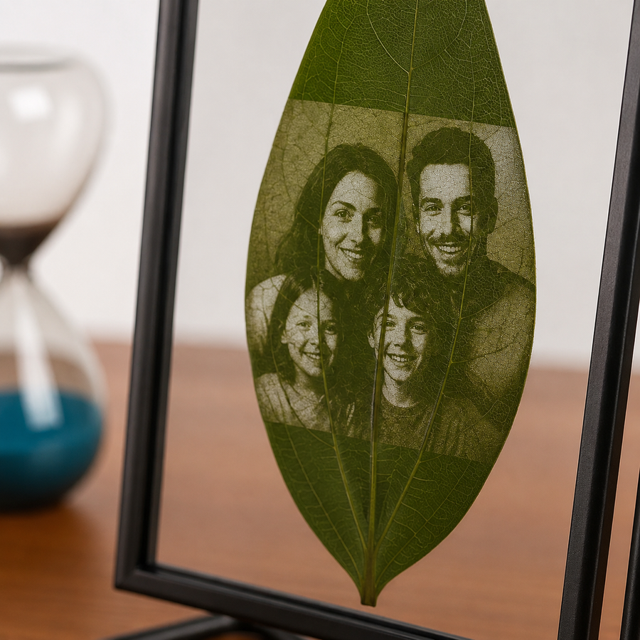 Personalisiertes Lorbeerblatt mit Foto-Gravur im Noir-Float-Rahmen