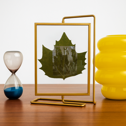 Personalisierte Gravur auf echtem Wutong Blatt mit goldfarbenem 360° Rahmen 25x20cm Acrylglas