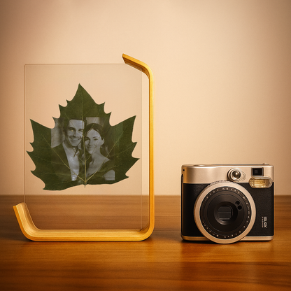 Personalisierte Gravur auf echtem Wutong Blatt mit holzfarbenem Edge Rahmen 20x15cm Acrylglas