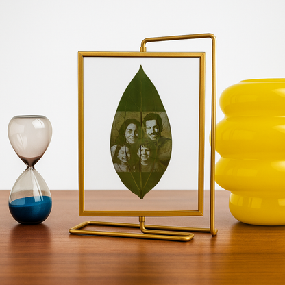 Personalisierte Gravur auf echtem Lorbeer Blatt mit goldenem 360° Rahmen 25x20cm Acrylglas