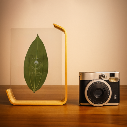 Personalisierte Gravur auf echtem Lorbeer Blatt mit holzfarbenem Edge Rahmen 20x15cm Acrylglas